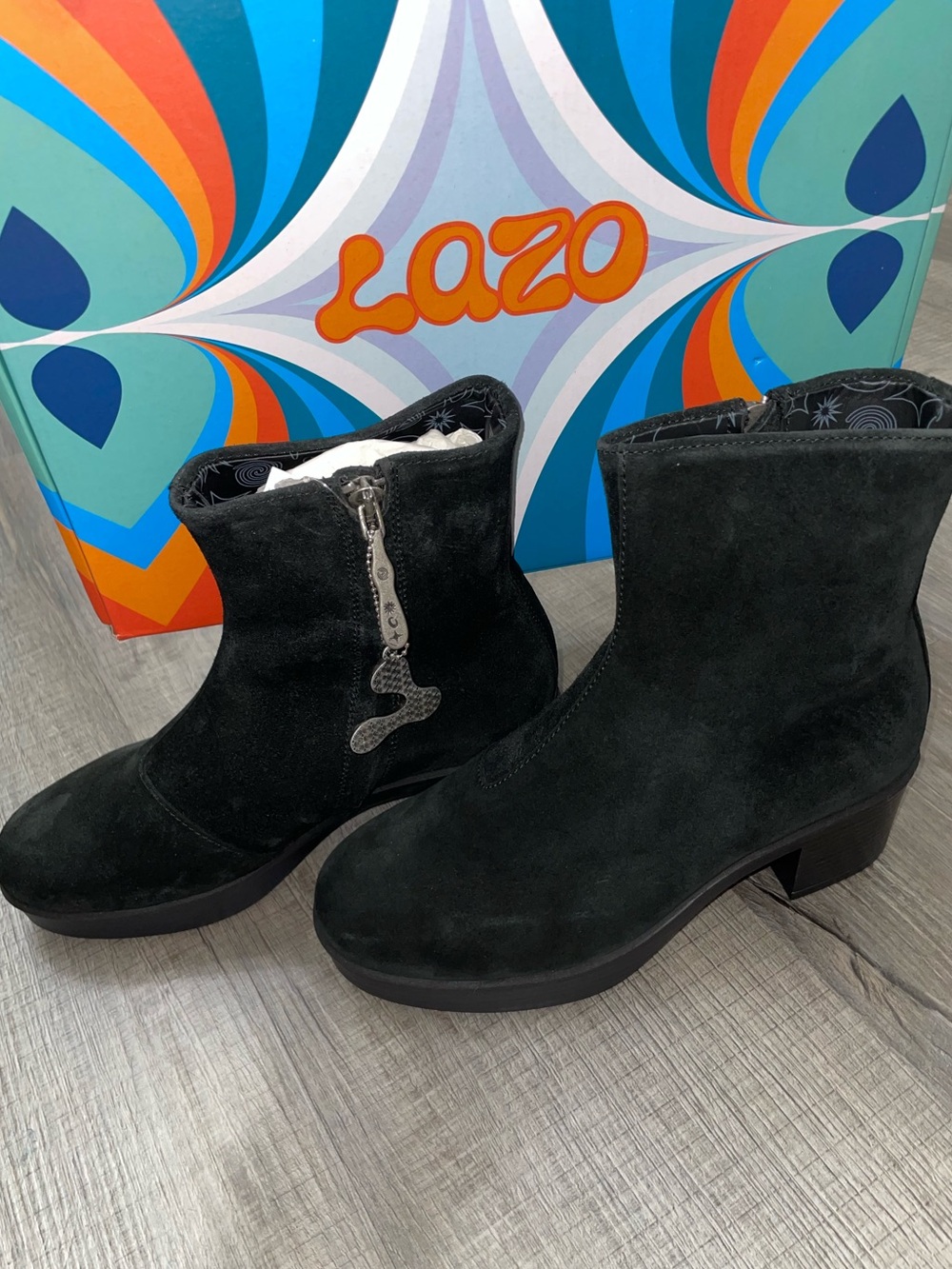 Women’s Lazo Siren Black Suede Ankle Boots Size 6.5 Italian Vanilla Soles NIB
